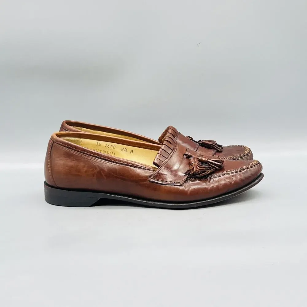 Johnston & Murphy Shoes Men 8.5 Brown Leather Kiltie Tassel Loafer Italy Dress
